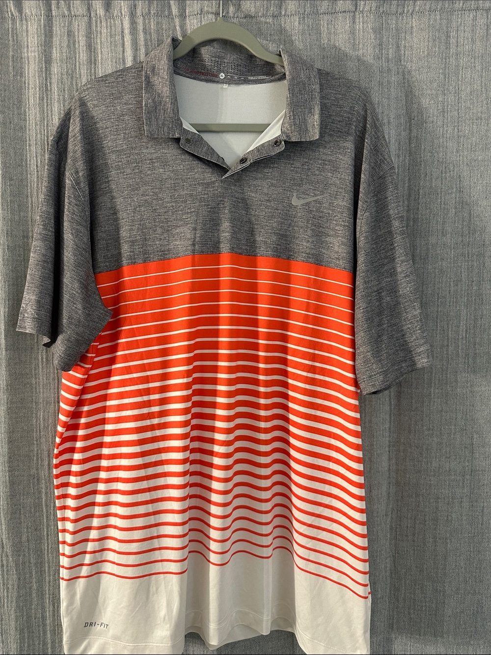 Nike Menโs Gray, Orange and White Dri-FIT Striped Polo